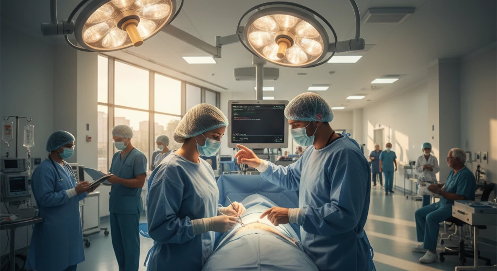 Profissionais de saúde em centro cirúrgico, com médico apontando para um monitor.
