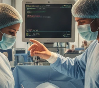 Profissionais de saúde em centro cirúrgico, com médico apontando para um monitor.