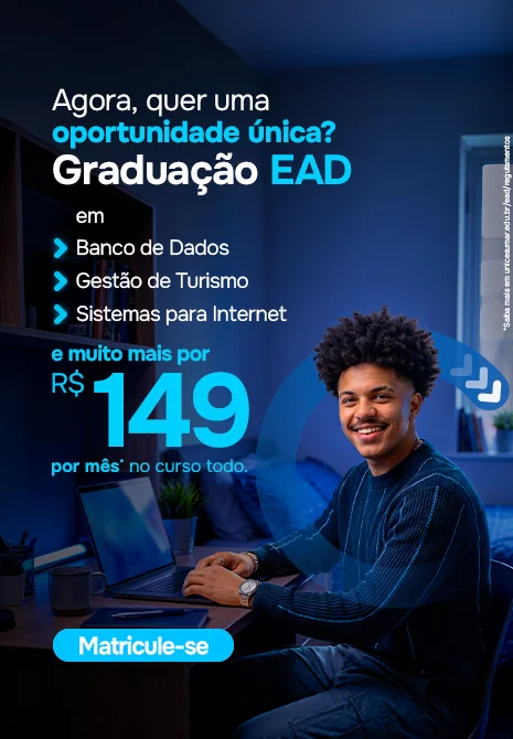 Graduação EAD em Banco de Dados, Gestão de Turismo, Sistemas para Internet e mais por R$ 149,99 no curso todo. Matricule-se.