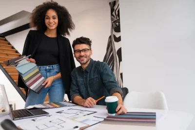 Profissional de design de interiores e um colega em reunião de projeto, analisando mostruários de cores e plantas arquitetônicas em um ambiente de escritório moderno.