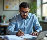 Homem de óculos trabalhando em um escritório, escrevendo em papéis enquanto usa um laptop, ideal para temas de produtividade e trabalho.