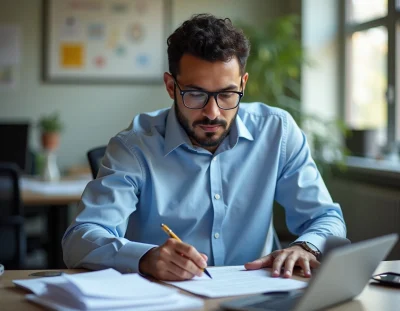 Homem de óculos trabalhando em um escritório, escrevendo em papéis enquanto usa um laptop, ideal para temas de produtividade e trabalho.
