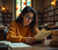 Mulher usando óculos e suéter amarelo concentrada na leitura de um livro em uma biblioteca iluminada por vitrais coloridos.