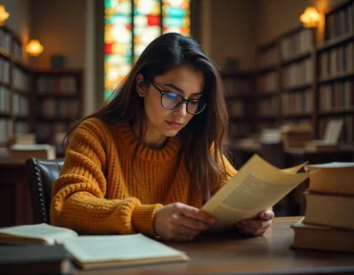 Mulher usando óculos e suéter amarelo concentrada na leitura de um livro em uma biblioteca iluminada por vitrais coloridos.