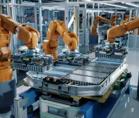 Imagem de robôs industriais em uma linha de montagem, mostrando a automatização e a tecnologia avançada na fabricação de produtos.
