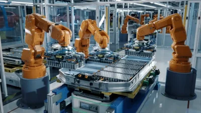 Imagem de robôs industriais em uma linha de montagem, mostrando a automatização e a tecnologia avançada na fabricação de produtos.