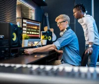 Dois profissionais trabalhando em um estúdio de gravação, focando na produção musical, com equipamentos modernos ao fundo.