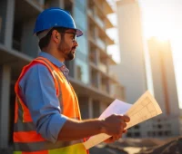 Um engenheiro civil usando capacete azul e colete laranja, analisando plantas em um canteiro de obras ao pôr do sol.
