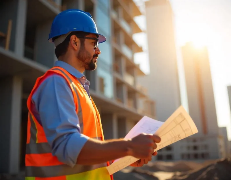 Um engenheiro civil usando capacete azul e colete laranja, analisando plantas em um canteiro de obras ao pôr do sol.