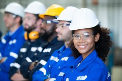 Imagem de um grupo diversificado de trabalhadores usando capacetes de segurança e óculos de proteção, representando a segurança no trabalho e a força da mão de obra.