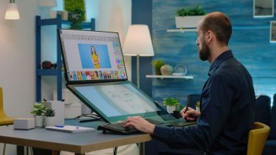 Homem trabalhando em um computador com tela dupla, editando imagens em um ambiente moderno e iluminado.