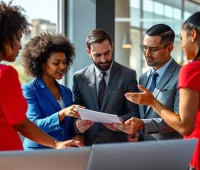Grupo diversificado de profissionais conversando e analisando documentos em um ambiente de negócios moderno, promovendo colaboração e eficiência.