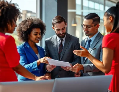 Grupo diversificado de profissionais conversando e analisando documentos em um ambiente de negócios moderno, promovendo colaboração e eficiência.