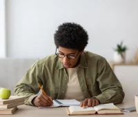 Jovem estudando em casa, escrevendo em um caderno enquanto observa um livro. Ambiente tranquilo com objetos de estudo, como maçã e canetas.