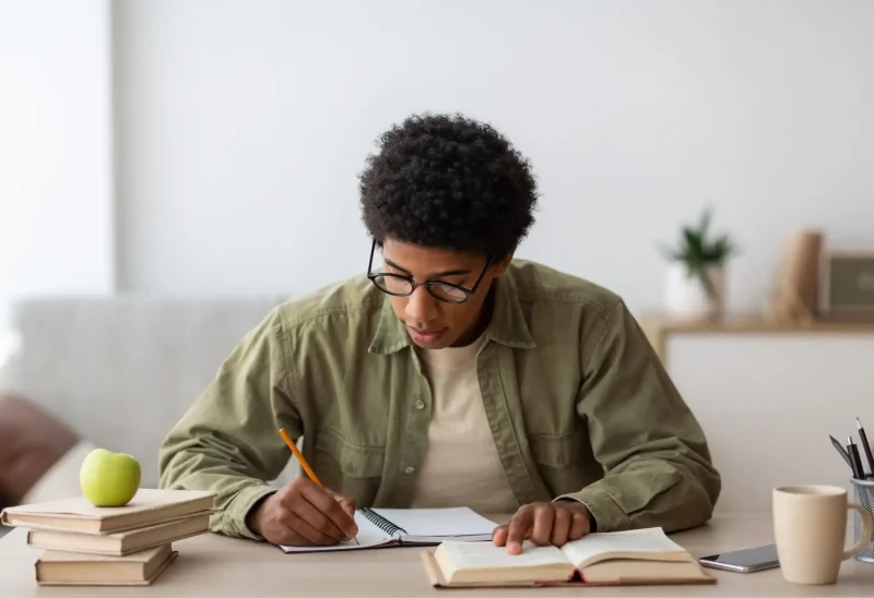 Jovem estudando em casa, escrevendo em um caderno enquanto observa um livro. Ambiente tranquilo com objetos de estudo, como maçã e canetas.