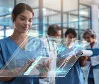 Profissional de saúde utilizando tecnologia avançada em ambiente médico, analisando dados e imagens com visão futurista e colaborativa.