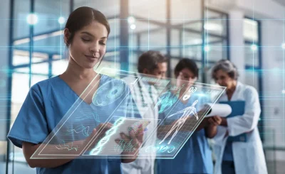 Profissional de saúde utilizando tecnologia avançada em ambiente médico, analisando dados e imagens com visão futurista e colaborativa.
