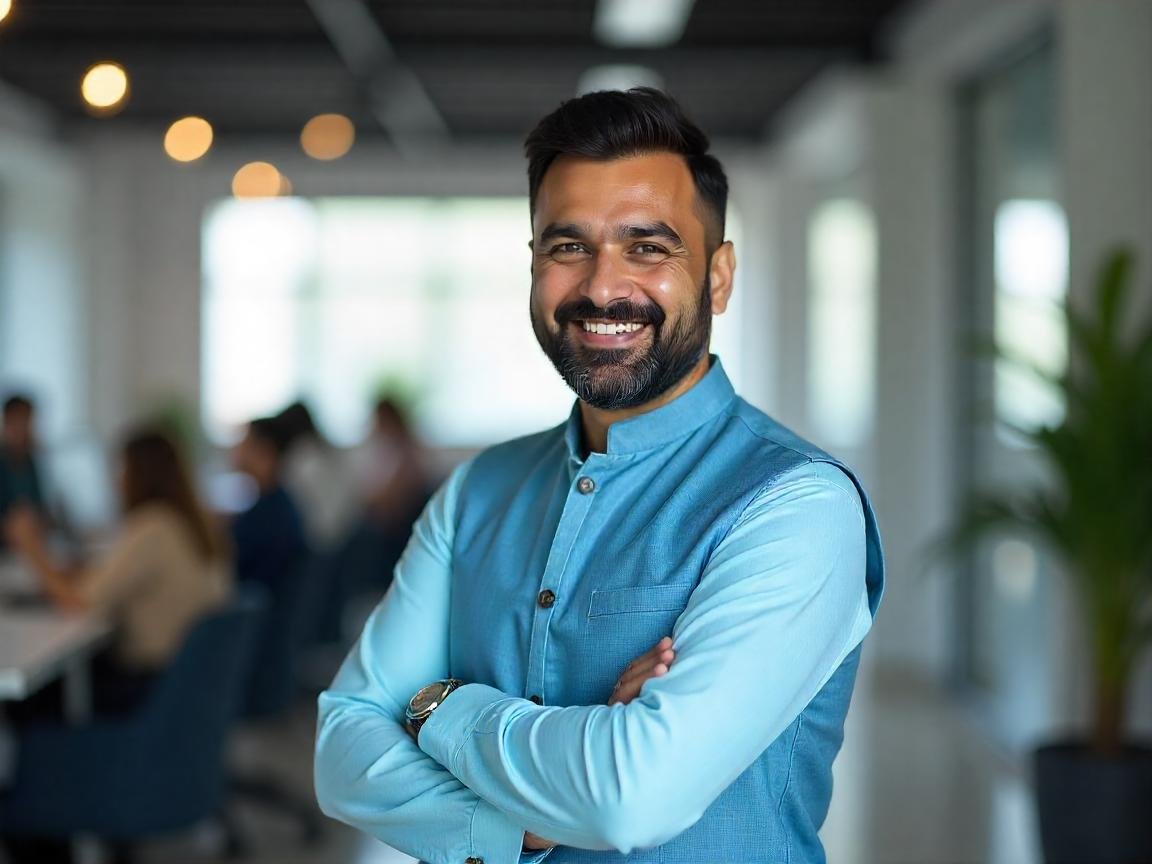 Profissional de RH sorridente em ambiente corporativo, analisando gráficos com colegas.