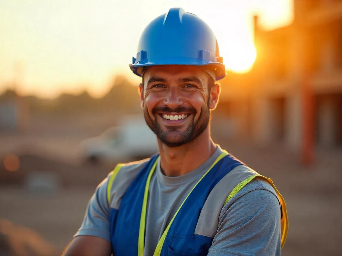 Homem sorridente vestindo capacete de segurança azul em um canteiro de obras ao pôr do sol.
