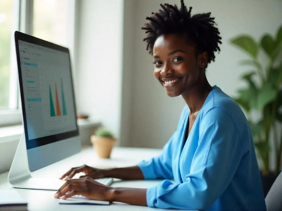 Mulher analisando dados em um computador