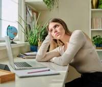 Mulher pensativa em ambiente de trabalho, refletindo sobre suas atividades diante do computador, com itens de escritório ao fundo.