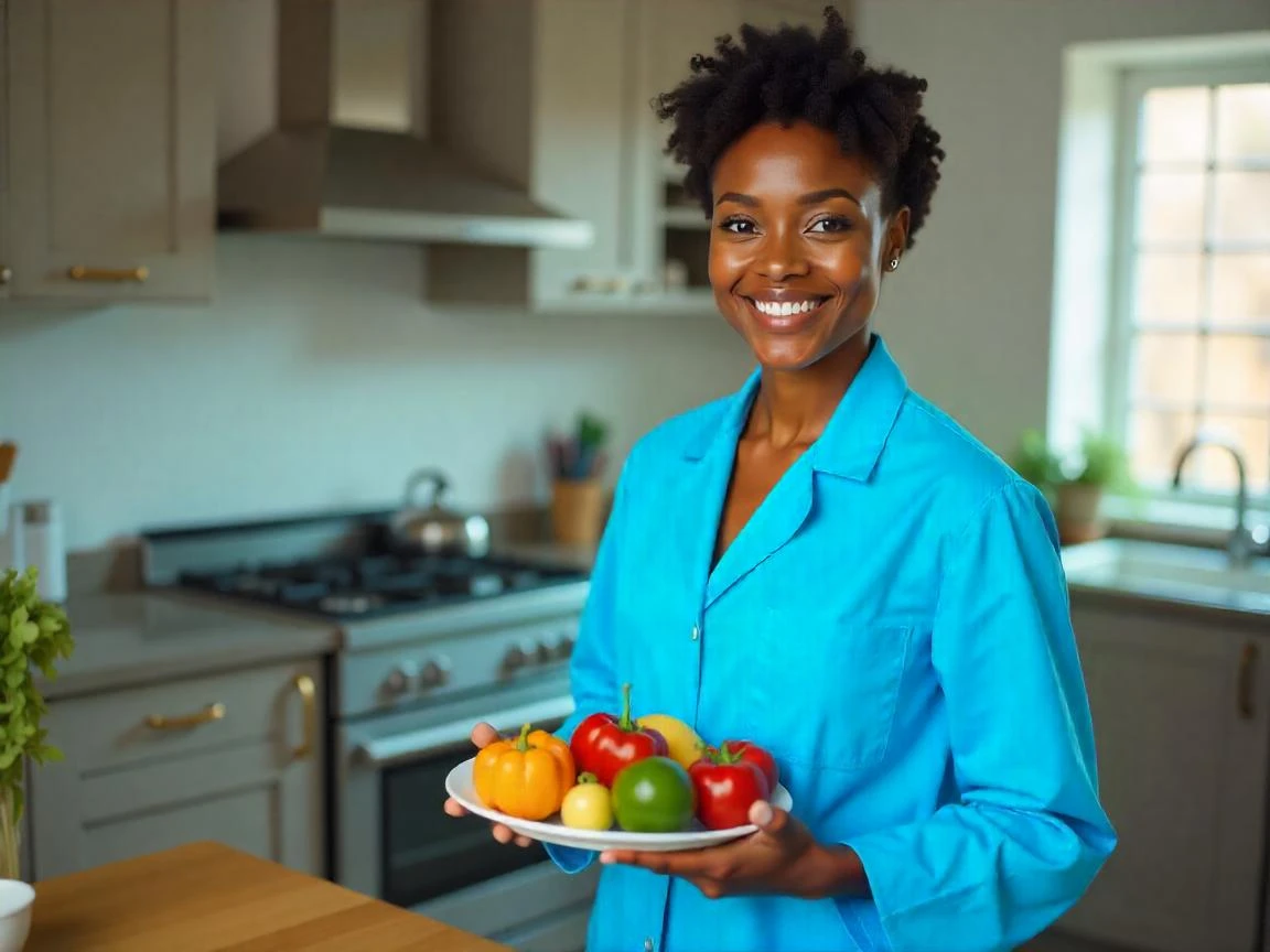 Mulher sorridente com frutas e legumes na cozinha