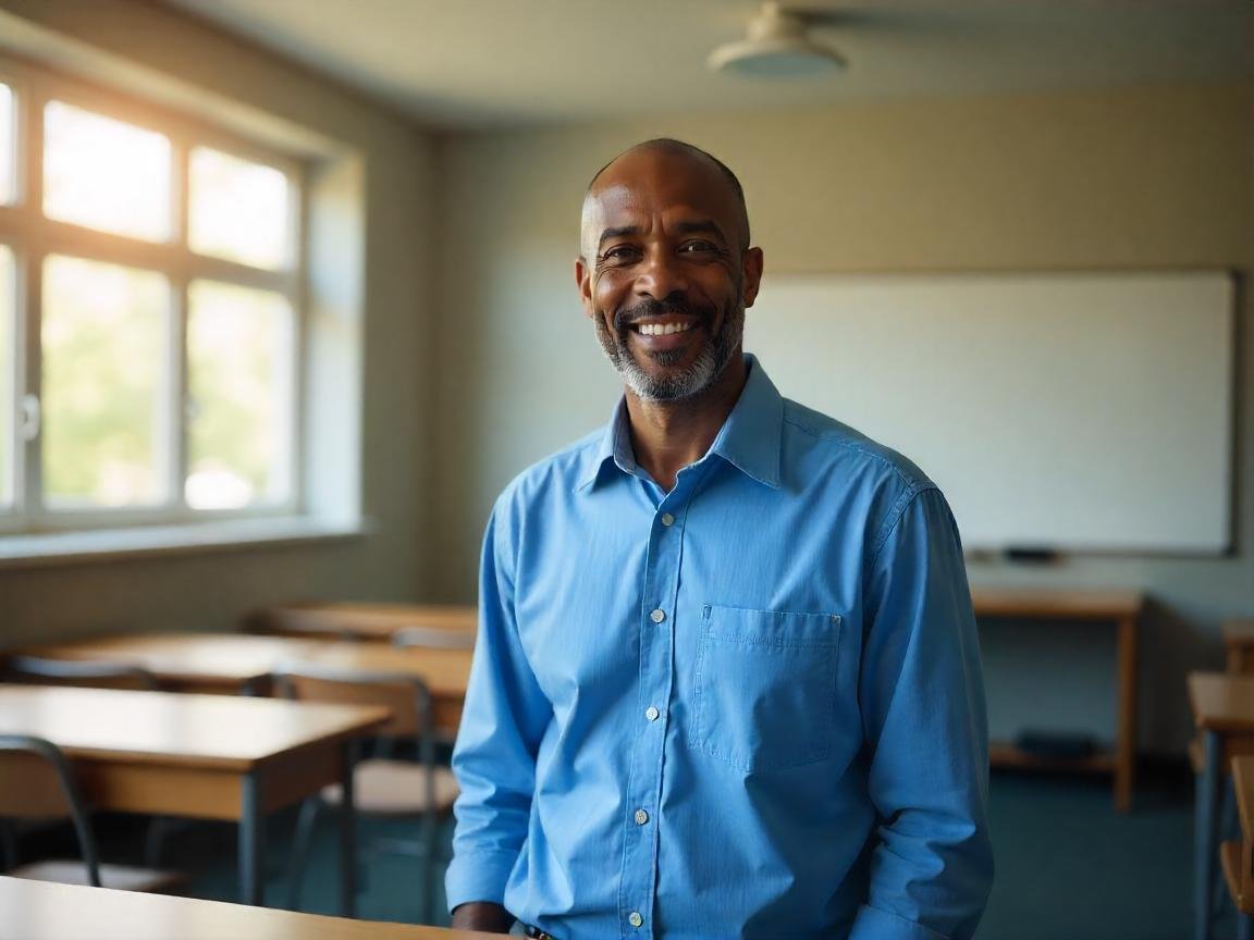 Professor de Língua Inglesa sorridente em sala de aula com livros e lousa ao fundo.