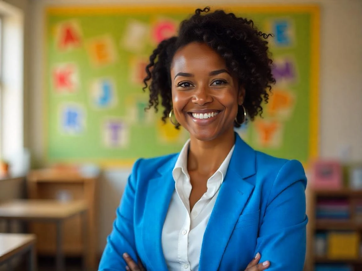 Professora sorridente em sala de aula