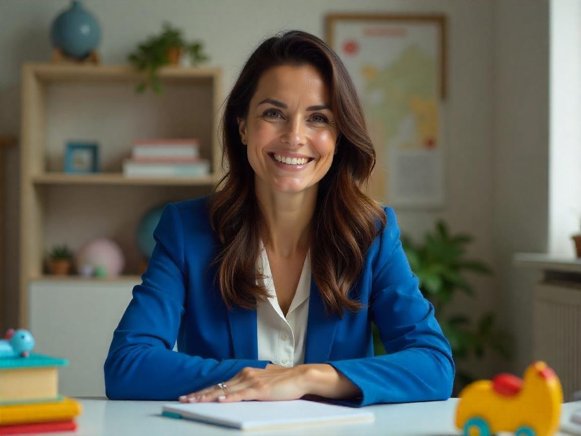 Psicopedagoga sorridente em uma sala de aula, interagindo com uma criança.