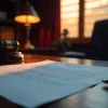 Imagem de um escritório com uma mesa contendo documentos, uma noite calma com iluminação quente, uma luminária e uma janela com cortinas de fundo.