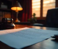 Imagem de um escritório com uma mesa contendo documentos, uma noite calma com iluminação quente, uma luminária e uma janela com cortinas de fundo.