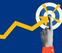 Gráfico de crescimento com uma seta apontando para uma meta, representando estratégias de negócios e alcance de objetivos.