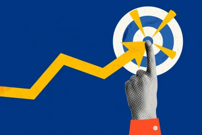 Gráfico de crescimento com uma seta apontando para uma meta, representando estratégias de negócios e alcance de objetivos.