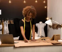 Mulher estilista no ateliê de moda, medindo e ajustando tecido de papelão para confecção de roupas, com prancheta, laptop e plantas decorativas ao fundo.