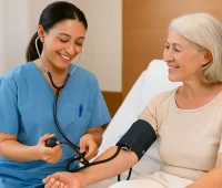 Profissional de saúde realizando aferição de pressão arterial em uma paciente idosa em ambiente hospitalar, com sorriso e atenção ao procedimento.