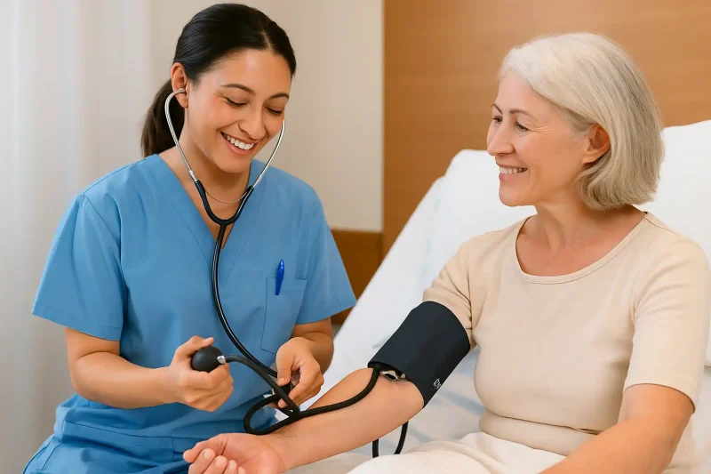 Profissional de saúde realizando aferição de pressão arterial em uma paciente idosa em ambiente hospitalar, com sorriso e atenção ao procedimento.