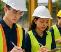 Trabalhadores de construção civil usando capacete e colete refletivo durante vistoria de obra ao ar livre.