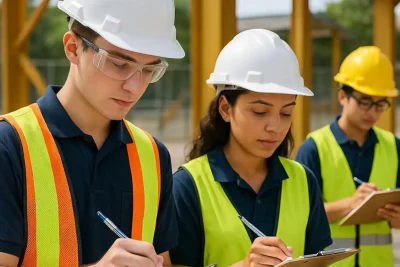 Trabalhadores de construção civil usando capacete e colete refletivo durante vistoria de obra ao ar livre.