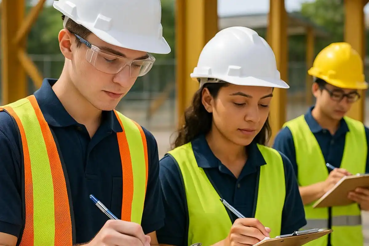 Trabalhadores de construção civil usando capacete e colete refletivo durante vistoria de obra ao ar livre.