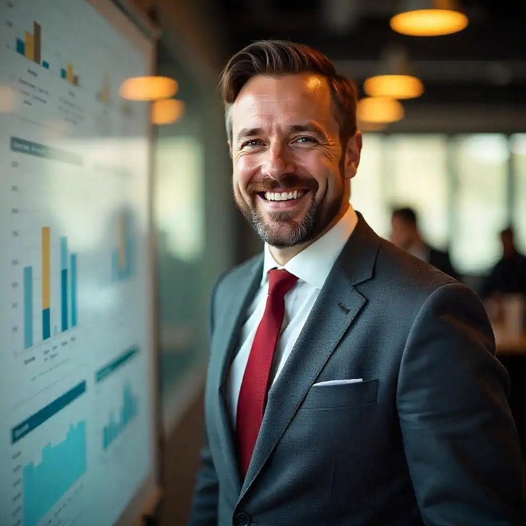 Executivo sorridente em ambiente de negócios, usando terno profissional, com gráficos e dados ao fundo, criatividade profissional.