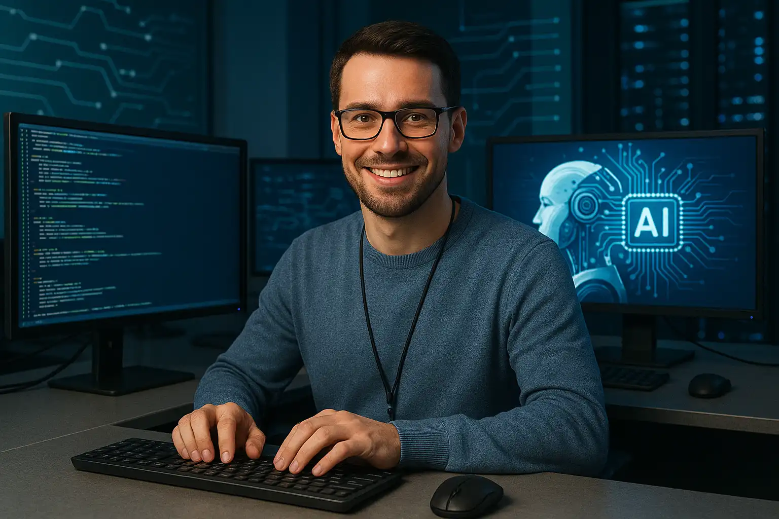 Homem sorridente trabalhando com inteligência artificial em ambiente tecnológico, com múltiplos monitores exibindo códigos e gráficos de IA.