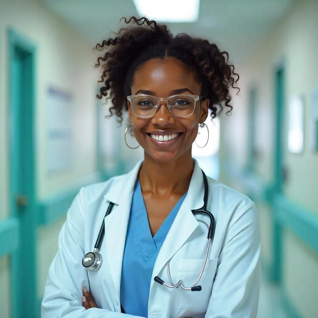Médica sorridente com uniforme de jaleco branco, estetoscópio e óculos, em ambiente hospitalar moderno e bem iluminado. Representa profissionais de saúde..