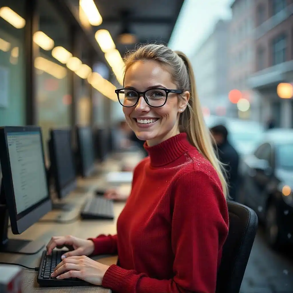 Jovem mulher sorridente com óculos de armação preta usando suéter vermelho trabalhando em escritório com computadores na mesa, ambiente urbano ao fundo.