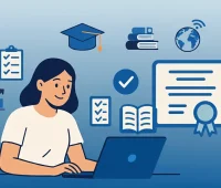 Ilustração de uma pessoa estudando na frente de um laptop, com ícones relacionados à educação, como livros, medalha de excelência, quadros de tarefas, e mundo conectado, representando aprendizagem online e educação de qualidade.