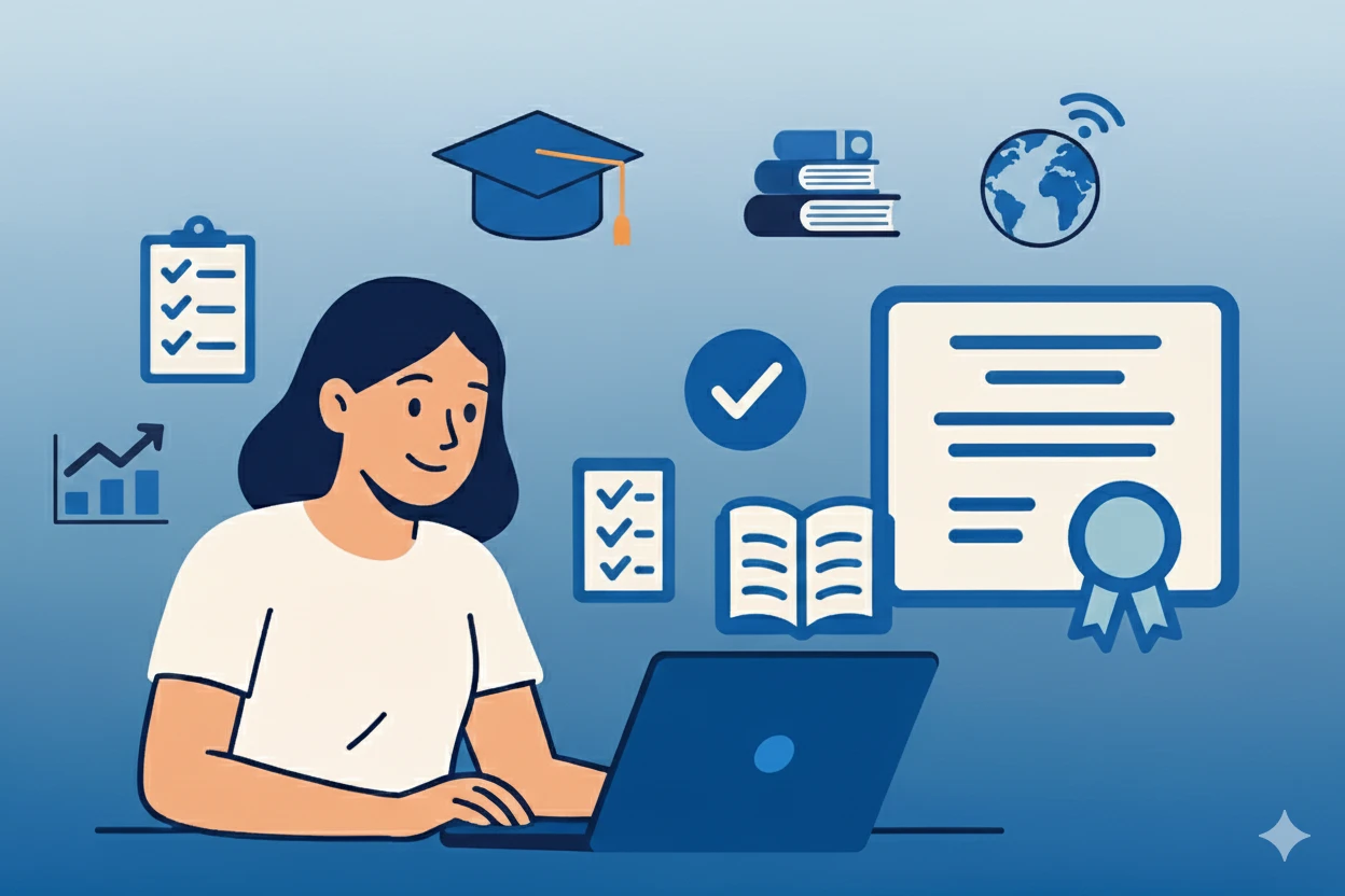 Ilustração de uma pessoa estudando na frente de um laptop, com ícones relacionados à educação, como livros, medalha de excelência, quadros de tarefas, e mundo conectado, representando aprendizagem online e educação de qualidade.