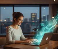 Mulher jovem estudando e aprendendo sobre tecnologias financeiras, finanças online e investimentos com laptop em casa com gráficos e símbolos financeiros holográficos.