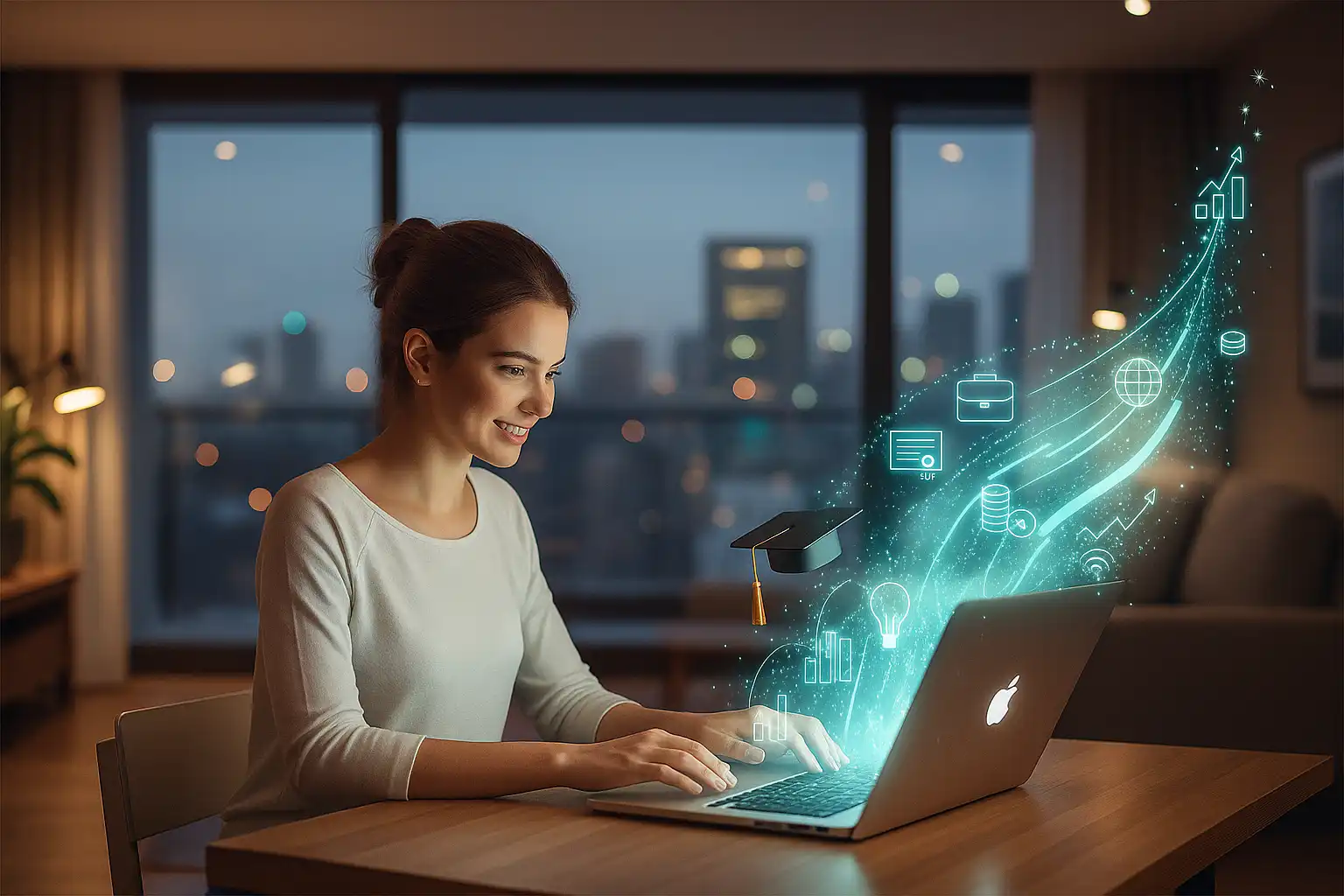 Mulher jovem estudando e aprendendo sobre tecnologias financeiras, finanças online e investimentos com laptop em casa com gráficos e símbolos financeiros holográficos.