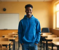 Jovem sorridente de cabelo cacheado usando moletom azul dentro de uma sala de aula bem iluminada.