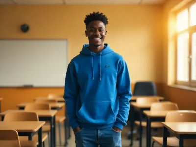 Jovem sorridente de cabelo cacheado usando moletom azul dentro de uma sala de aula bem iluminada.