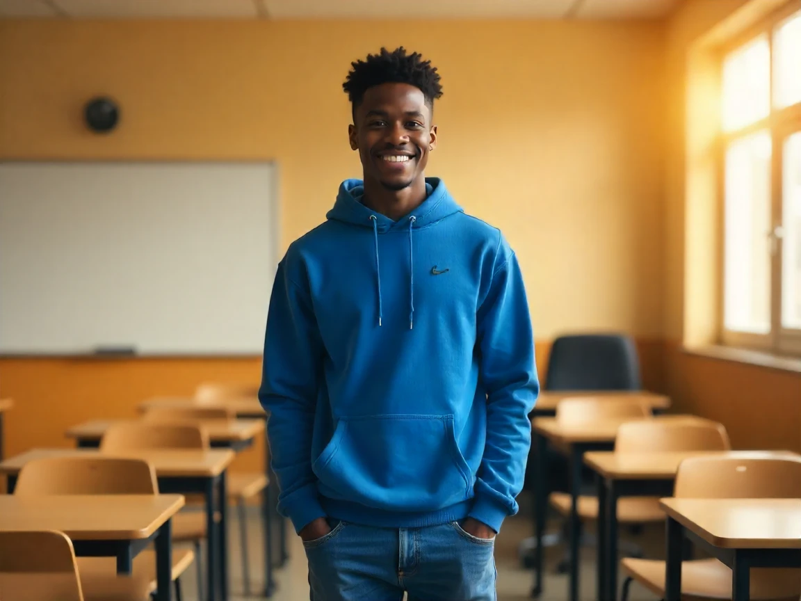 Jovem sorridente de cabelo cacheado usando moletom azul dentro de uma sala de aula bem iluminada.